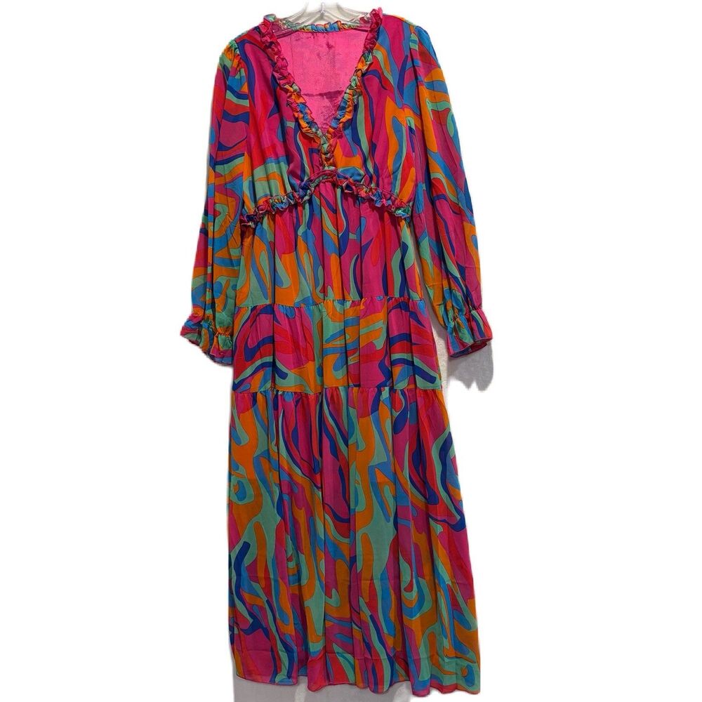 Colorful Multicolor V Neck Ruffle Tiered Lined Maxi Dress Women's Size Large